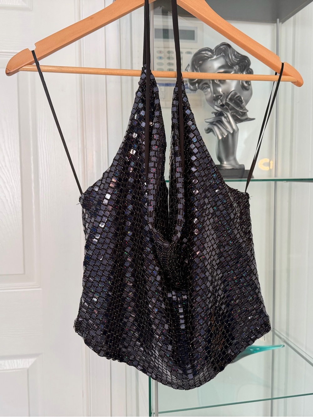 Windsor Black Sequin Cowl Halter Camisole